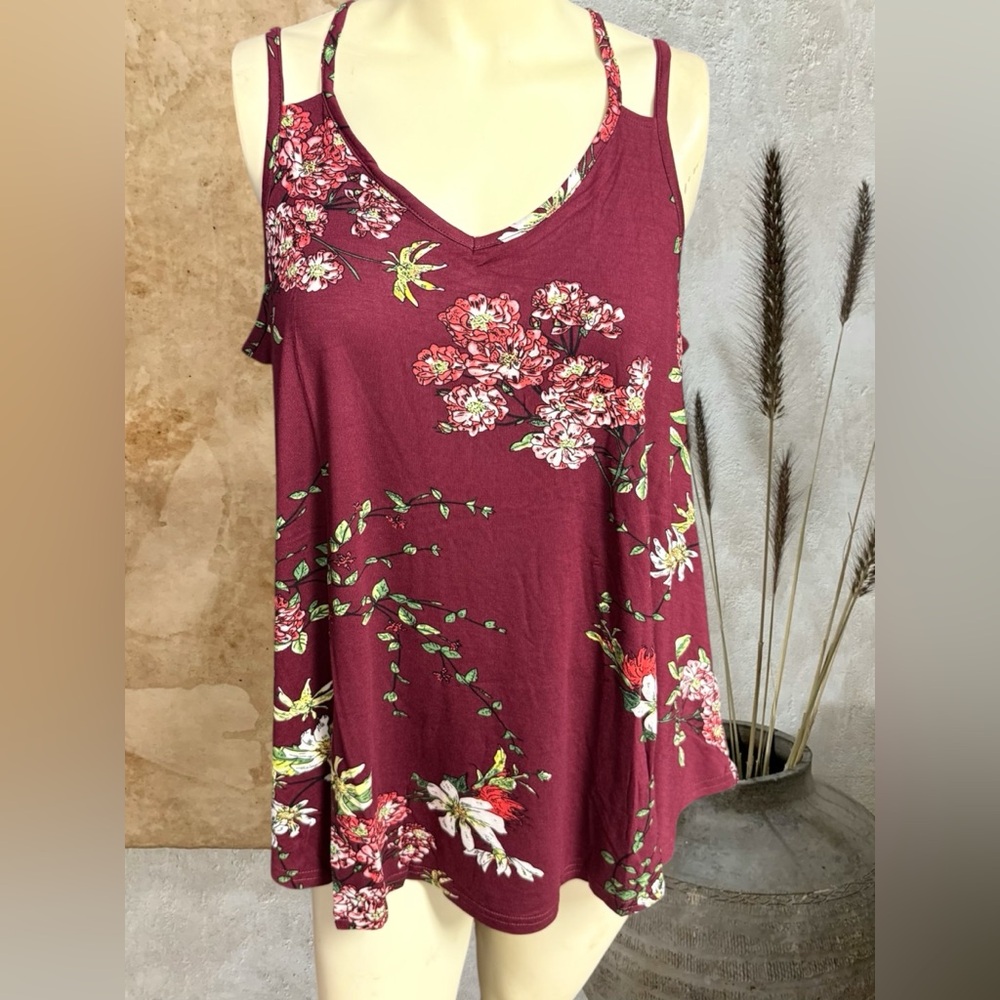 Laolasi women’s size XL tank top shirt V-neck strappy burgundy floral new